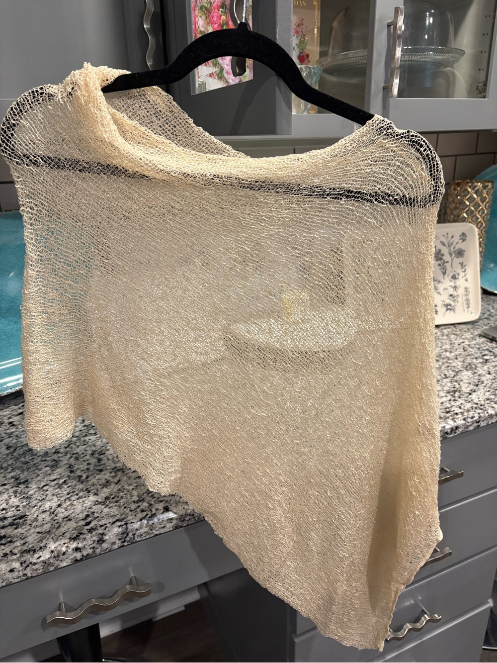 Lightweight Sheer Knit Shawl Poncho in Cream